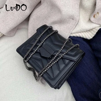 

LUCDO Ladies Small Solid Color PU Leather Crossbody Bags For Women Simple Chain Flap Messenger Shoulder Bag Female Handbags Sac