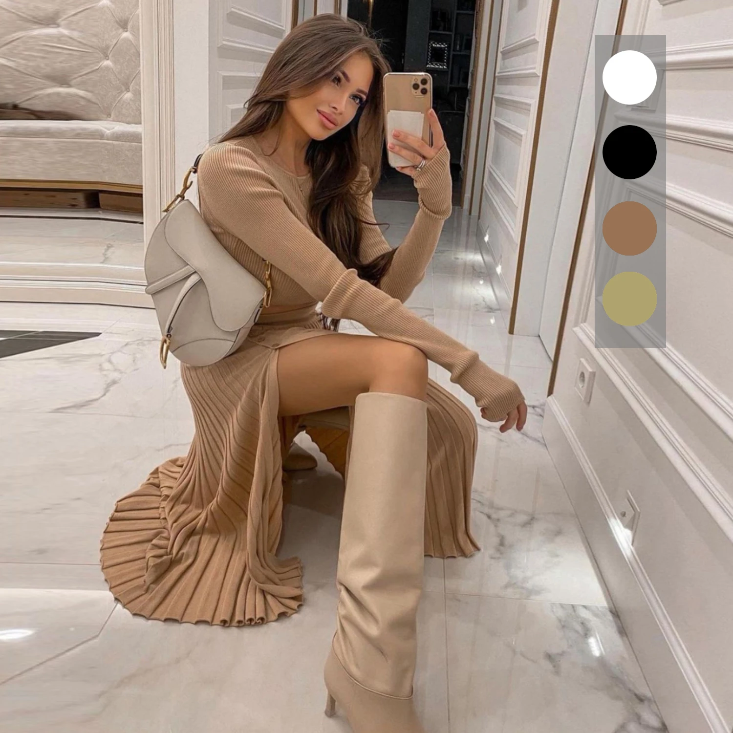 

Zaizaii Women's Knitting Skirt Suit Autumn Top Dress Costume Sweater Suit + Slim Skirt Two-Piece Irregular Pleated Skirt Fashion