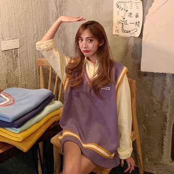 

Women Sleeveless Pullover 2019 Autumn Winter Korean Preppy Style Stripe Patchwork Oversize V Neck Knit Sweater Vest Purple