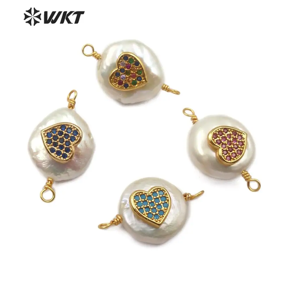 

WT-MC272 Natural Freshwater Pearl Connector Heart Shape Cubic Zirconia Pave Natural Pearl Charm Connector For Jewelry Making