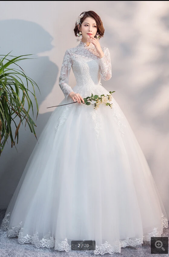 Robe de Mariage белые кружевные аппликации бальное платье свадебное платье высокий вырез с длинным рукавом корсет скромные платья невесты Лидер