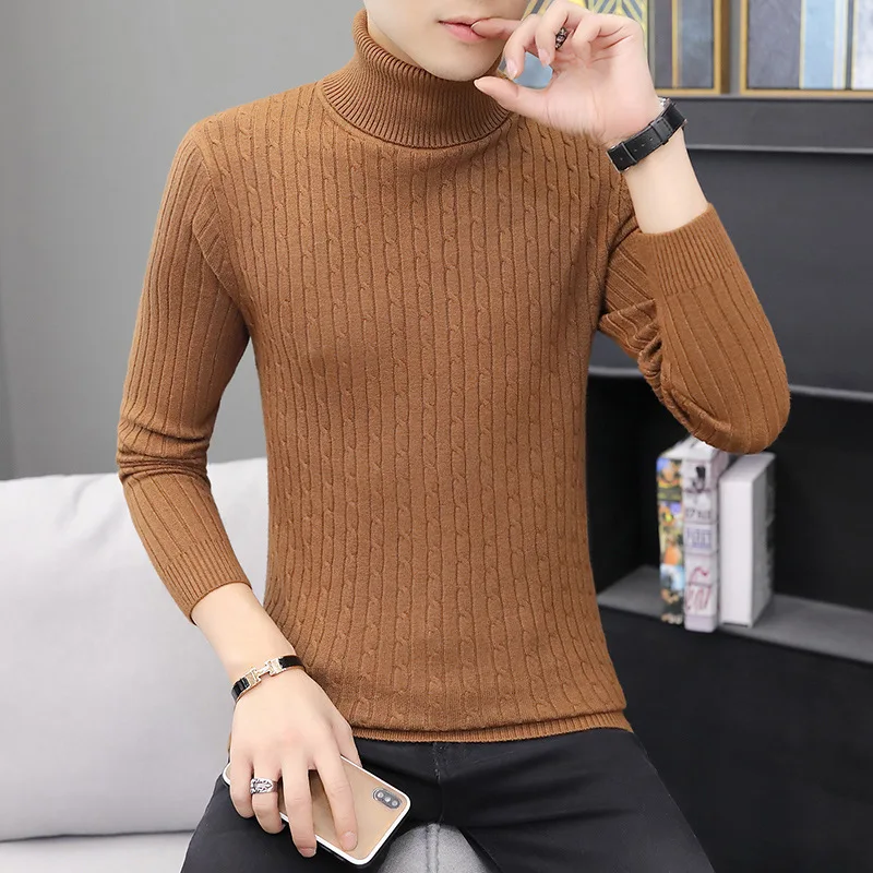 Модный пуловер мужской свитер осенний и зимний Повседневный акриловый тонкий свитер с высоким воротником мужская зимняя одежда - Цвет: Dark Brown