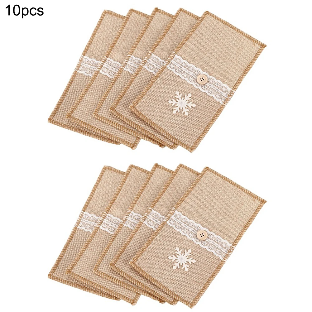 

Hot 10pcs Christmas Lace Cutlery Pouch Wedding Rustic Party Tableware Knife Fork Holder Bag Table Xmas Decoration Accessories