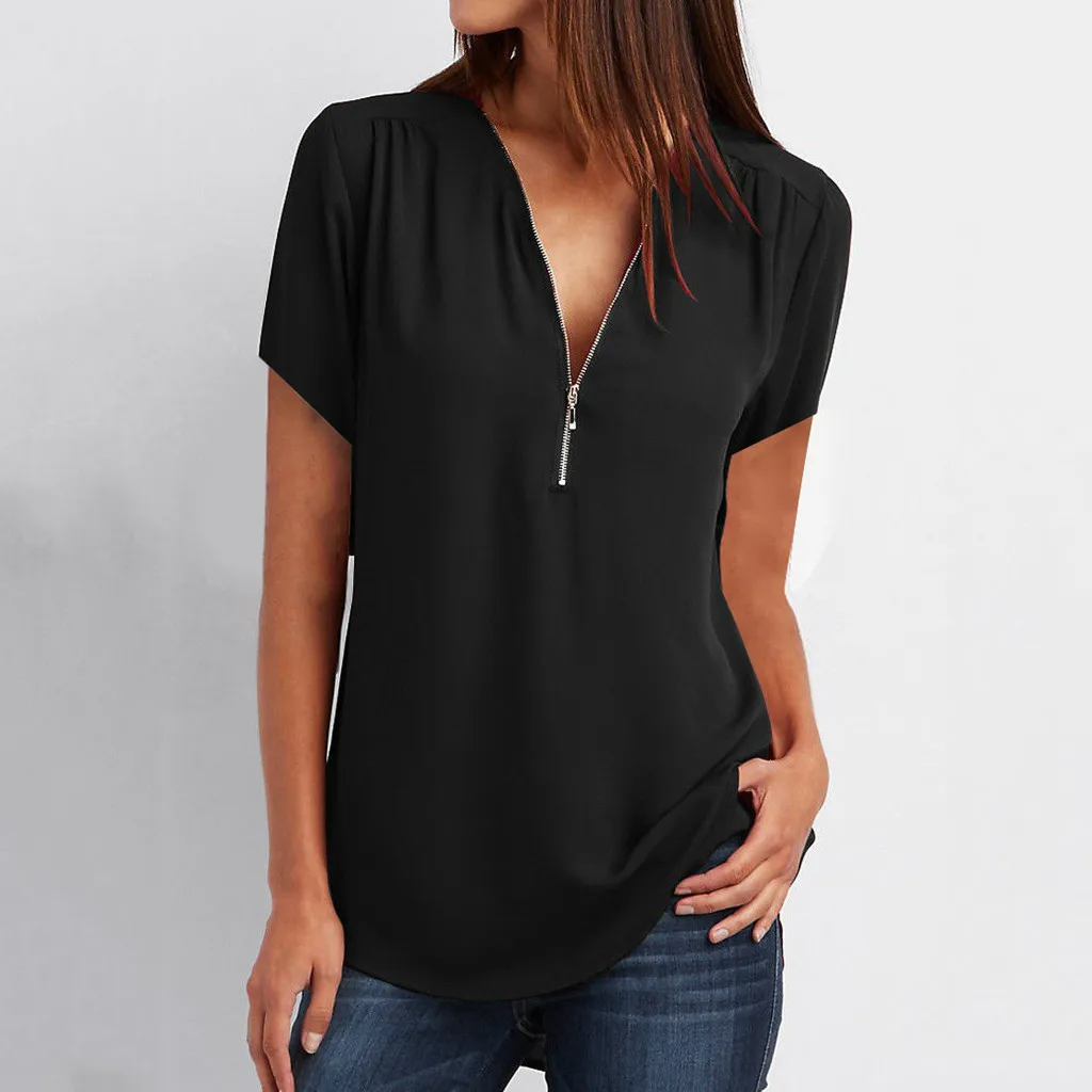 Camiseta informal de Verano para mujer, blusa holgada con cuello de pico y cremallera, Top de manga corta a la moda, Vestidos de Verano # T2P