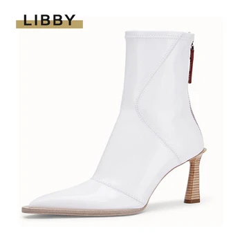 

2020New white square toe high heels ankle boots ladies short and fat high heels zipper ankle boots Pointed ToeMotorcycle boots