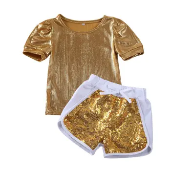 

2020 Toddler Kid Baby Girl Summer Bling Sequins outfits short sleeve T-shirt Tops Shorts Pants set girls Tracksuit Sunsuit