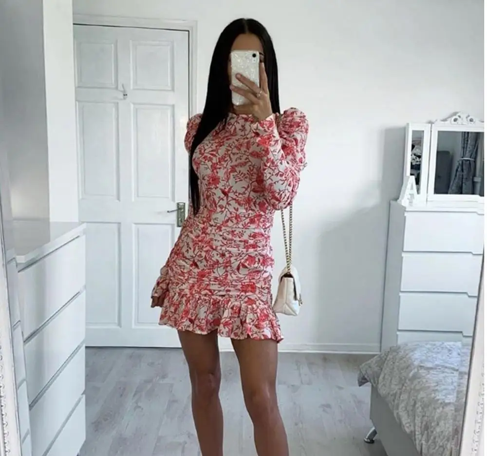 

LOVE&LEMONADE Sexy Round Neck Open Back Red Print Elastic Material Ruffled Slim Long Sleeve Mini Dress LM90138