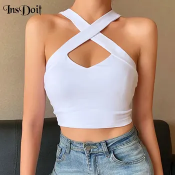 

InsDoit Women Streetwear Sexy Hollow Out White Camis Punk Bodycon Cross Bandage Patchwork Backless Camisole Casual Crop Tops