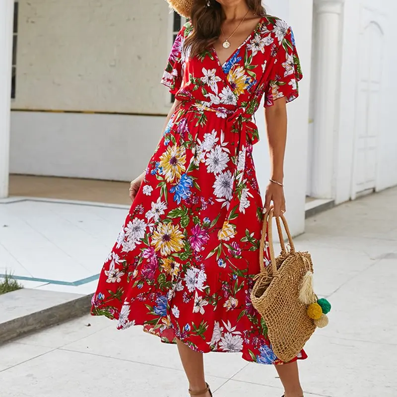 

Boho Floral Print Summer Dress Women Elegant Sexy V Neck 2020 Sundress Black Yellow Midi Beach Dresses Lace Up Trips Vestidos