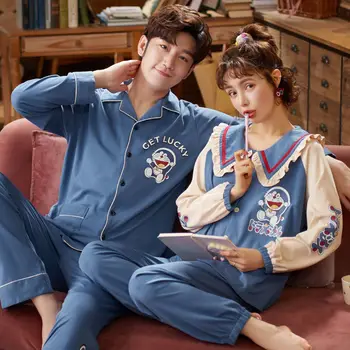 

Set 100% Cotton Loose Pyjamas Women Men Long Sleeve Homewear Lovers Nightgowns Pajama Set 2020 Autumn Couple Pajamas