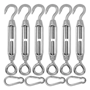 

6 Pieces of 304 Stainless Steel M4 Eye & Hook Turn Buckle Wire Rope Tension + 4 Spring Hook - Silver color
