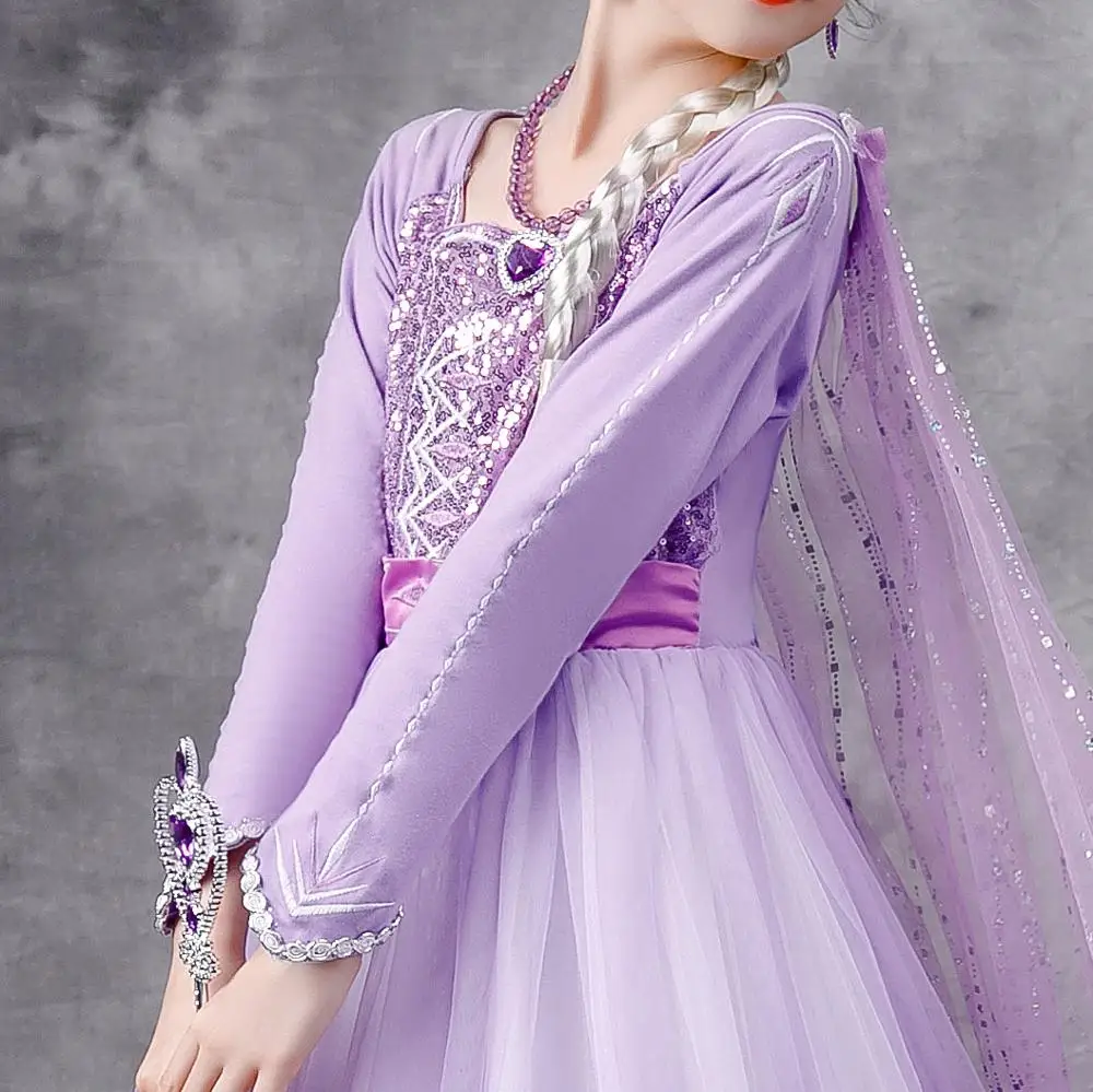 Girls Elsa Anna Long Hair Tangled Princess  Dress Sequins Fancy Cosplay Costume Purple Ball Gown Christmas Birthday Party  kids 5
