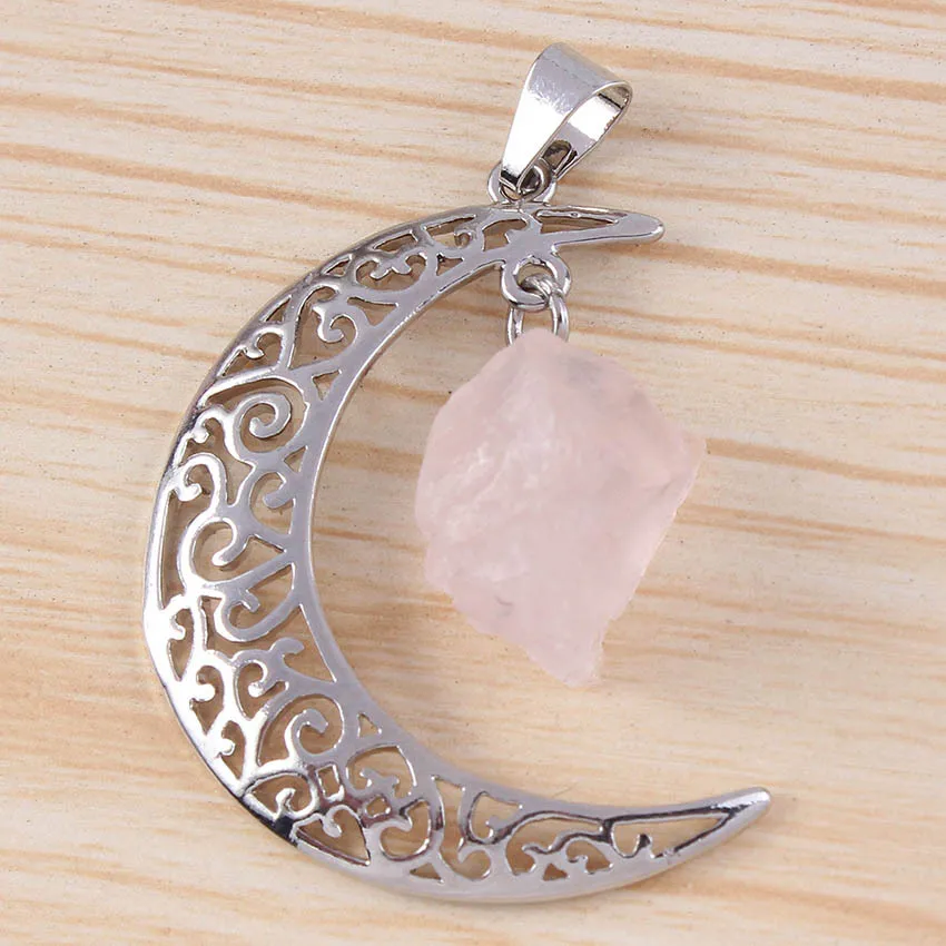 Rose Quartz No Chain Винтажное ожерелье с кулоном из натурального камня с кулоном Полумесяца Черная Цепь турмалиновая подвеска s для женщин и мужчин розовая бижутерия - Окраска металла: Rose Quartz No Chain