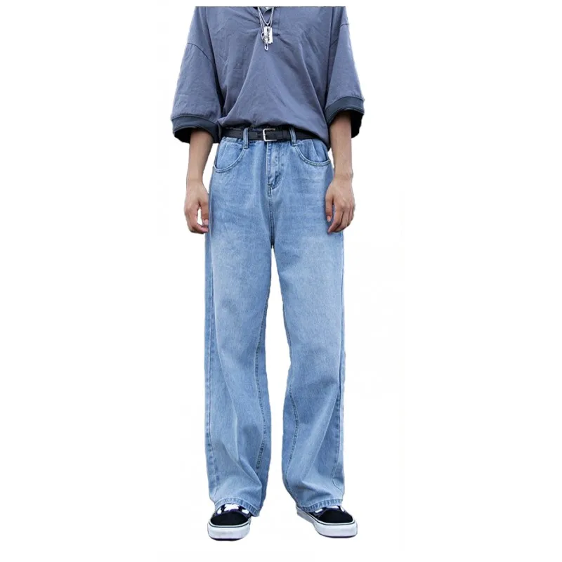 

2019 New Man Casual Jeans Loose Straight Solid Blue Men Quality Denim Pants Streetwear High Street Skateboard Male Trousers