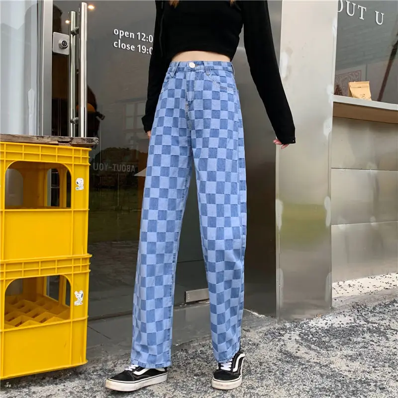 Women Wide-leg Pants Thin High-waist Lattice Female Trousers Straight-leg Sports Harajuku Casual Jeans Skateboard Loose Girls