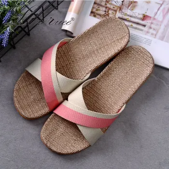 

Summer Women Linen Insoles Slippers Flat Non-Slip Sweat-Absorbing Home Couple Slippers Candy Color Cross Casual House Shoes