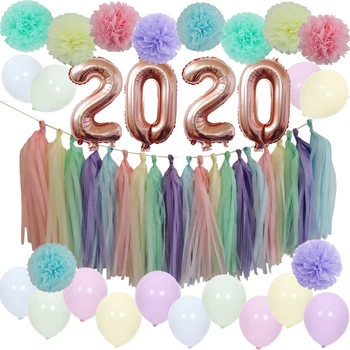 

2020 Number Foil Balloons Macaron Color Party Decoration Set Pastel Paper Tassel for New Year's Eve Wedding Birthday Baby Shower