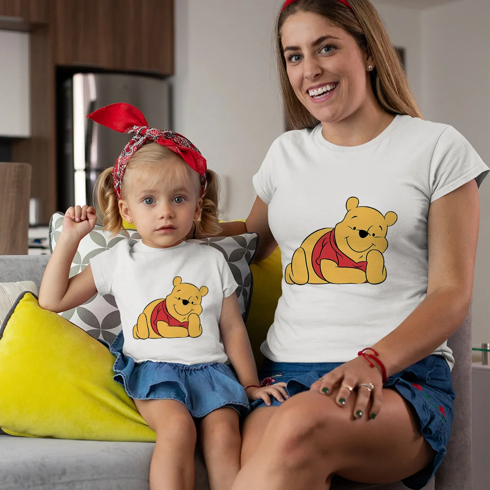 Winnie the Pooh Printed T shirt Children's Loose Tshirt Summer Camisetas Mujer Short Sleeve O Neck Girls Casual Siblings T-shirt family thanksgiving outfits Family Matching Outfits