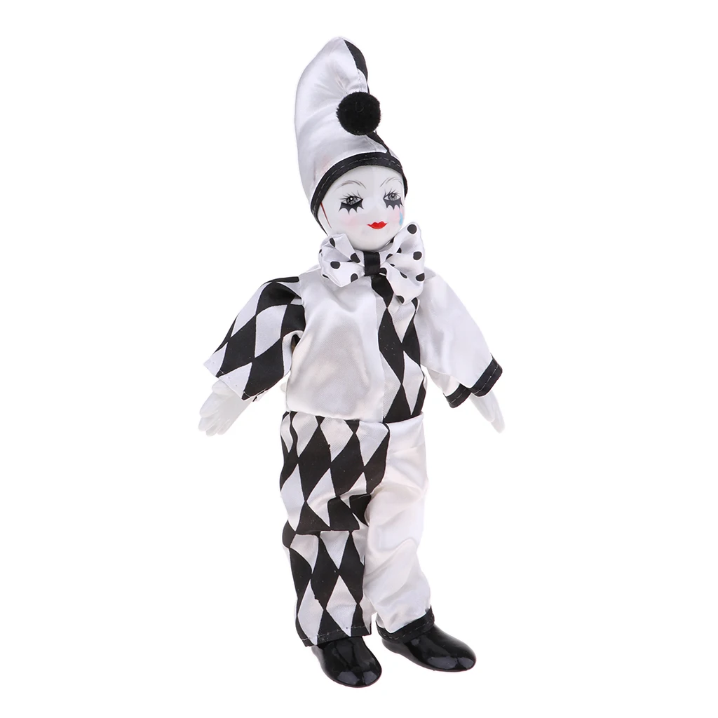25cm 10inch Funny Porcelain Standing Clown Man Doll in Black & White Costume Home Decor