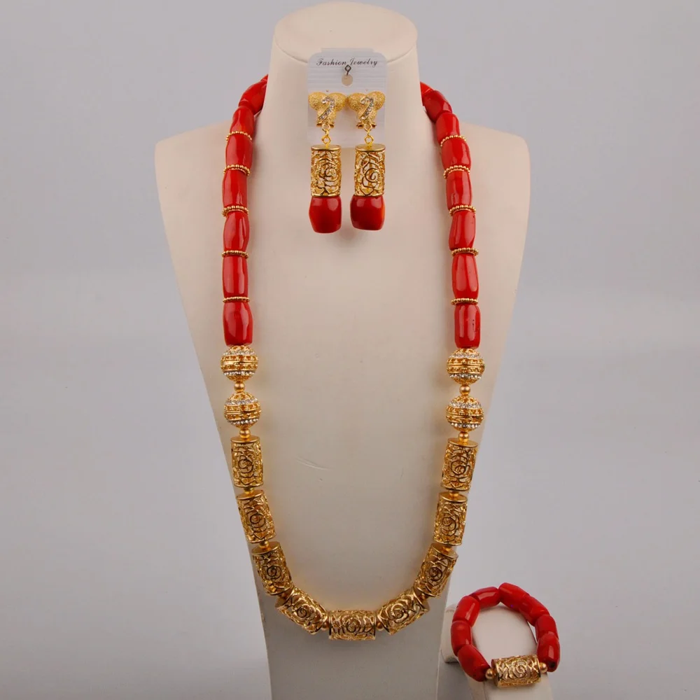 

Nigerian Wedding Beads Bridal Set Big Coral beaded Necklace Jewelry Set African Coral beads Jewelry Set for Men Women