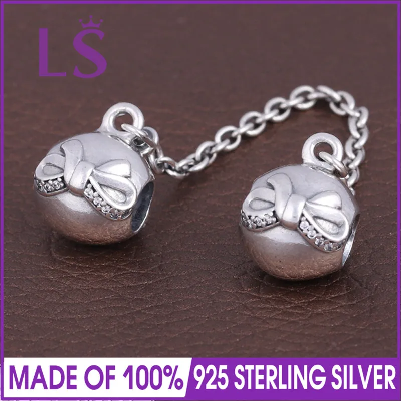 LS, высокое качество, Настоящее серебро 925, изящный бант, безопасная цепь, подходит для оригинального браслета, подвески, Pulseira Encantos.100%, хорошее изготовление ювелирных изделий