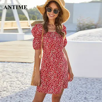 

Antime Summer Women Casual Sundress Mini Dress Tunic Beach Half Lantern Sleeve Square Neck Party Floral Print Dresses