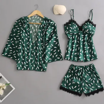 

Green 3PCS Sleepwear Women Robe Suit Sexy Printed Kimono Bathrobe Casual Soft Satin Nightwear Pajamas Loose V-neck Home Clothes