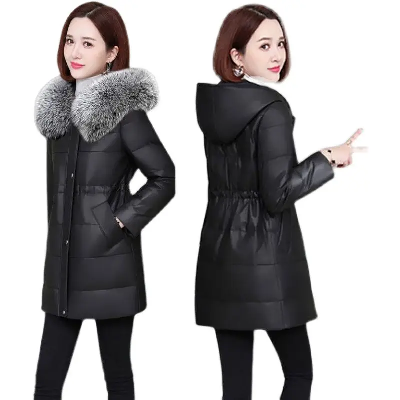 Hooded Leather Fur Jacket Women\'s Mid-Length Winter New PU Leather Down Cotton Coat Slim Parkas Mujer Abrigos M308