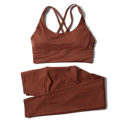 SOISOU Women's Breathable Nylon Yoga & Fitness Set - 2 - Piece Sports Bra and Leggings Tracksuit - M (Bronze)