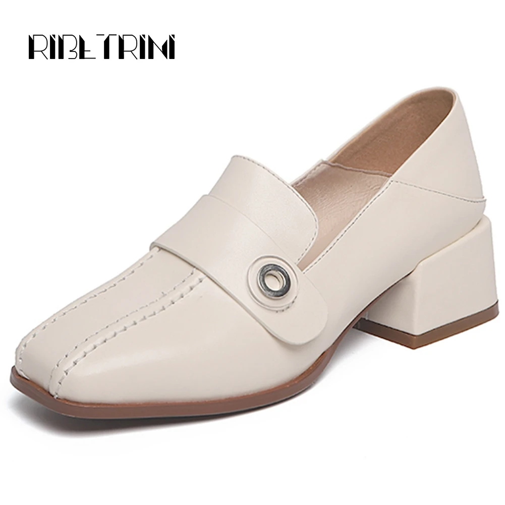 

RIBETRINI Female Brand Ol Square Toe Sewing Shoes Woman Comfort Genuine Leather Pumps Women 2020 slip-on Med Chunky Heels Pumps