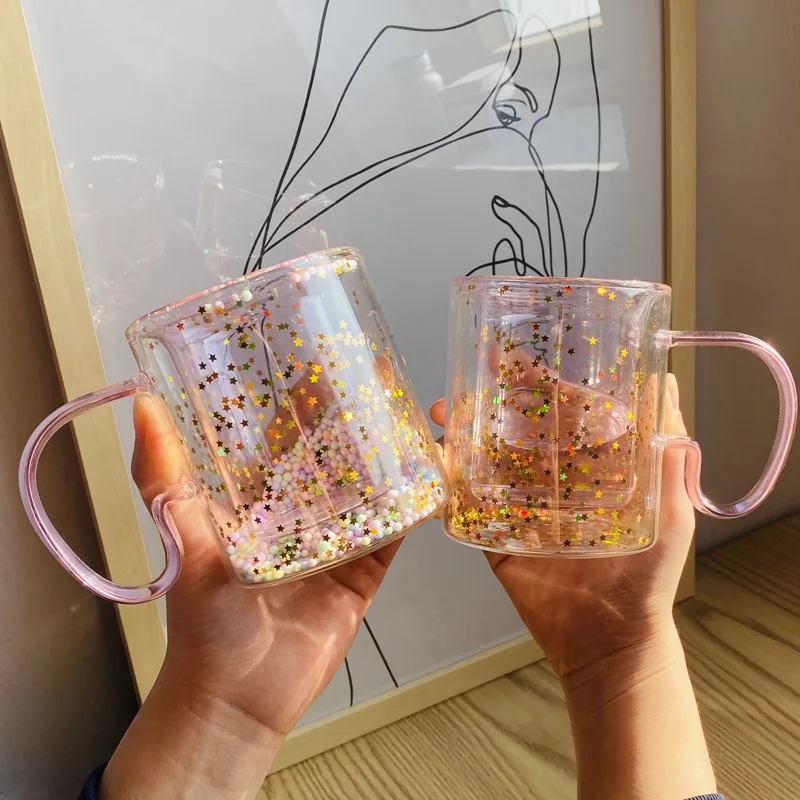 Star Double Wall Glass Coffee Mug with Beautiful Sequins Bubble Heat  Resistant Kawaii Cute Breakfast Tea Water Cup Handle Mugs - China Glassware  and Coffee Mug price