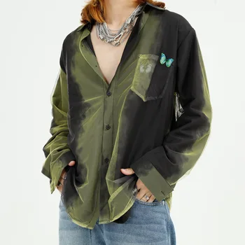 

Men Double Layer Tie-Dye Mesh Splice Loose Casual Long Sleeve Shirt Male Streetwear Vintage Hip Hip Shirts