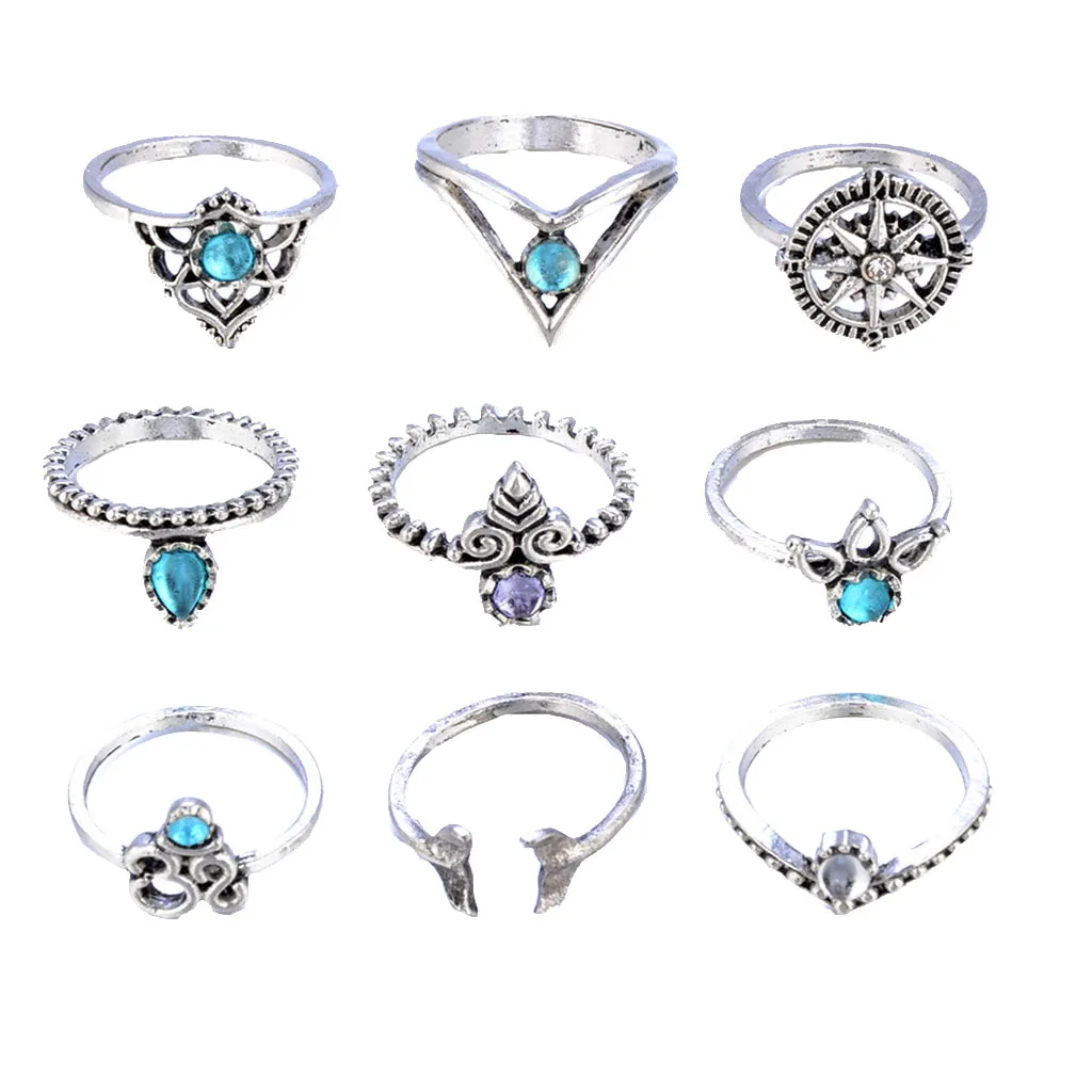 9pcs Vintage Women Rings Tribal Ethnic Hippie Crystal Joint Ring Set