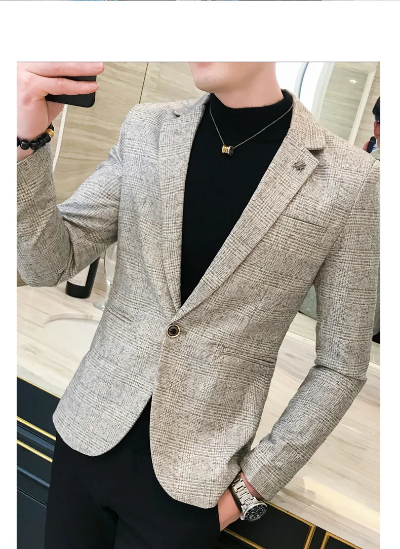 Деловой костюм Veste Homme Vestidos De Novia серые клетчатые блейзеры мужской костюм Slim Fit Мужская офисная куртка в клетку осень