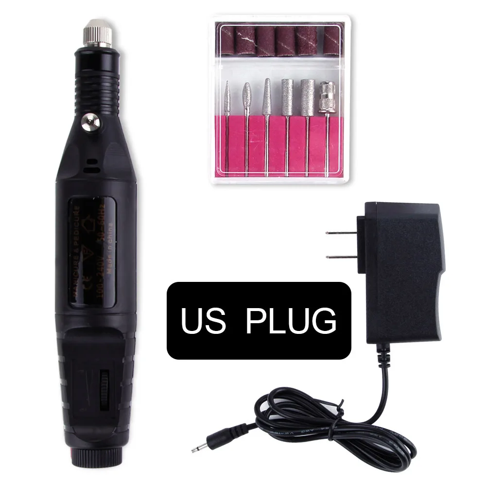 Black US Plug Профессиональный 1 набор, электрические сверла для ногтей, машинка для маникюра, мощная мини-дрель, ручка, фреза, лак, инструменты для дизайна ногтей - Color: Black US Plug
