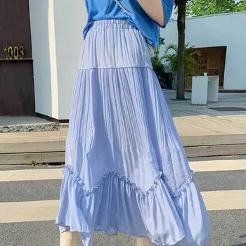 

2020 Summer New Korean Women Simple Solid Color High Waist Elastic Band Irregular Pleated Skirt Casual Long Skirt Free Shipping