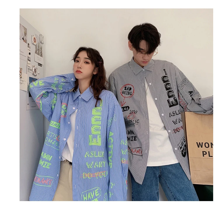 LAPPSTER Kpop полосатые рубашки для мужчин Harajuku уличная хип хоп рубашки с длинным рукавом Повседневная Черная Рубашка Пара Модная одежда
