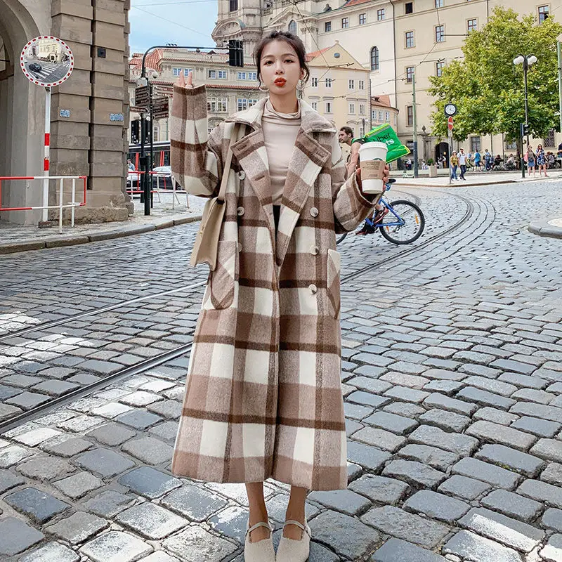 Bella philosophy Wonder2019 зимнее толстое теплое шерстяное пальто в клетку, Женское пальто с отложным воротником и карманами, Женская двубортная верхняя одежда