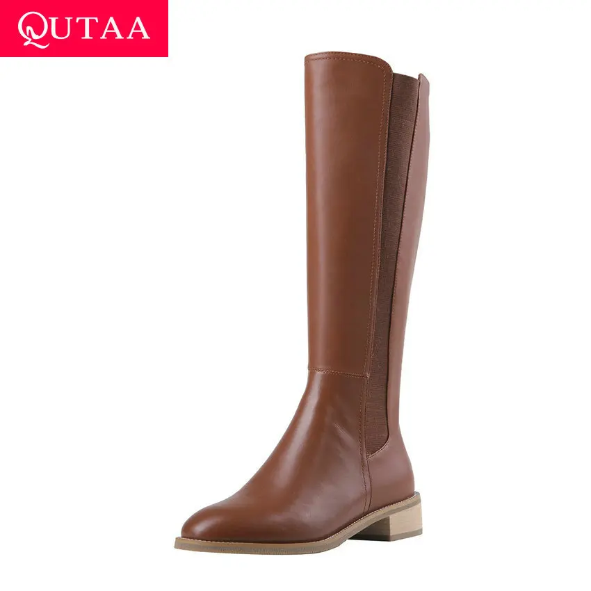 

QUTAA 2020 Zipper Round Toe Fashion Square Heel Autumn Winter Ankle Boots Genuine Leather Comfort Women Shoes Brown Size 34-39