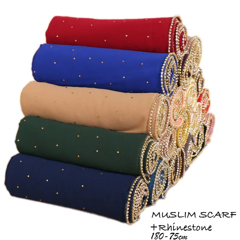 

solid Chiffon hijab Rhinestone headscarf pearl bead nationality women Rhinestone Muslim head cover shawls wraps