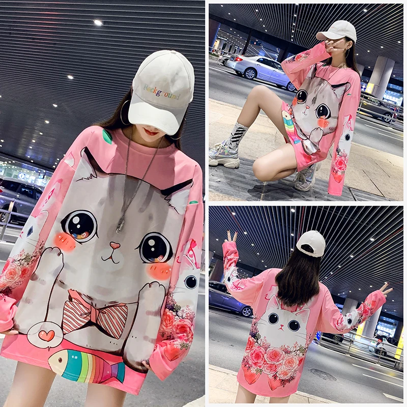 Футболки хип-хоп BF стиль для женщин мультфильм кошка печать Kawaii мягкая модная свободная футболка Корейская Повседневная модная женская Милая футболка