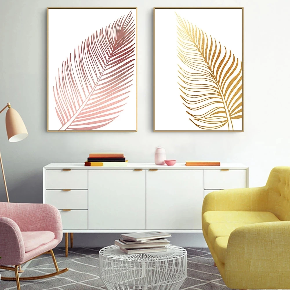 Pink and Gold Leaves Posters Prints Nordic Canvas Painting Wall Art Pictures Modern Home Design for Living Room No Frame | Дом и сад
