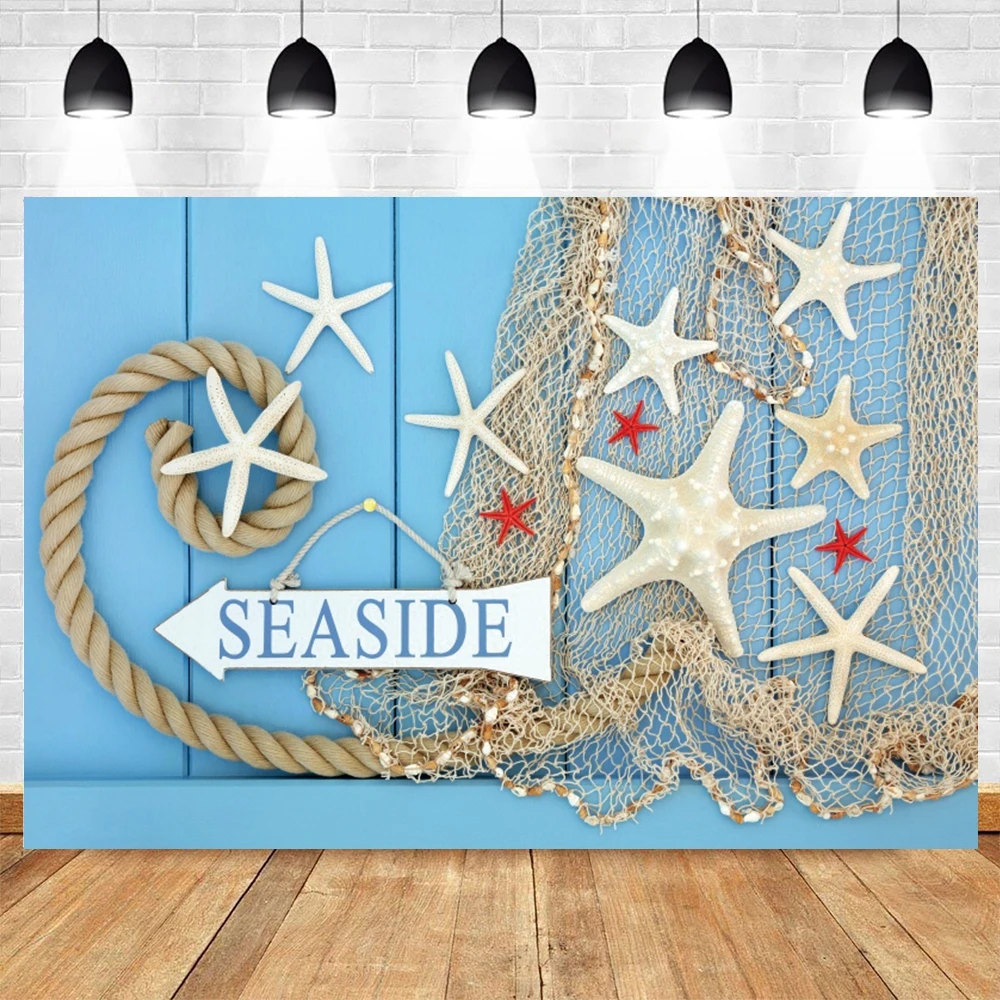 

Summer Tropical Seaside Starfish Fishing Net Blue Wood Board Baby Photography Backdrop Photographic Background For Photo Studio
