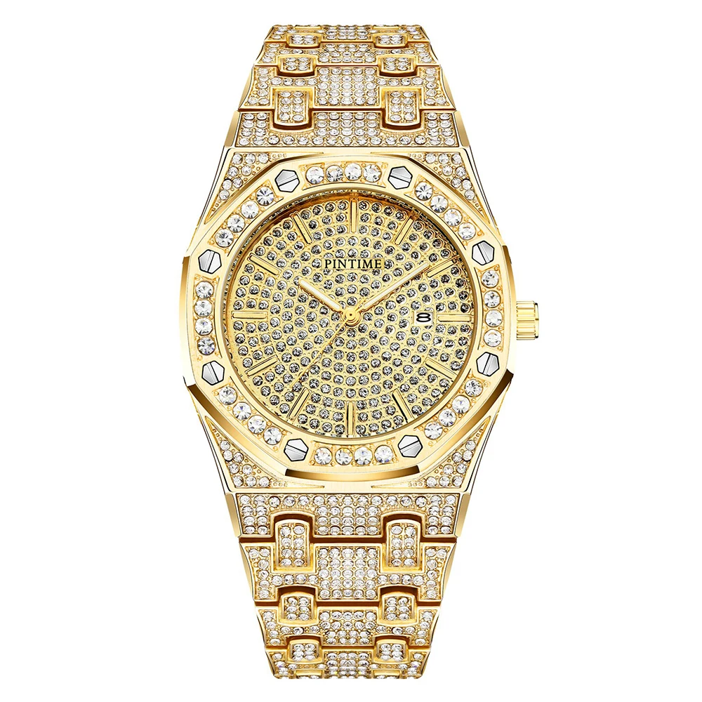 Креативные мужские часы Топ бренд класса люкс Iced Out часы для мужчин алмаз кварцевые наручные часы Мужские часы relogio masculino reloj hombre - Цвет: Gold