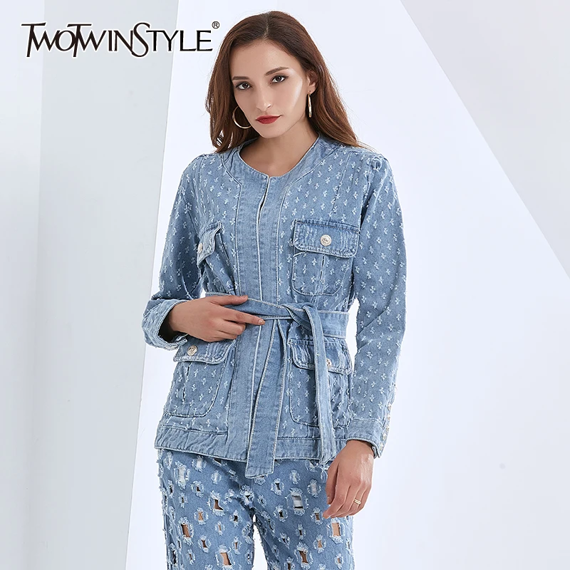 

TWOTWINSTYLE Patchwork Hollow Out Hole Denim Jacket For Women O Neck Long Sleeve High Waist Lace Up Coats Female 2020 Fall New
