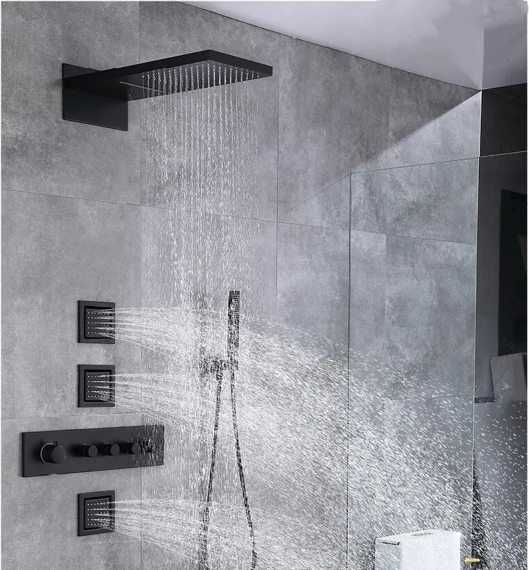 

Thermostatic brass bathroom shower head set wall mounted shower faucet set waterfall Rainfall Multi-function Shower Nozzle