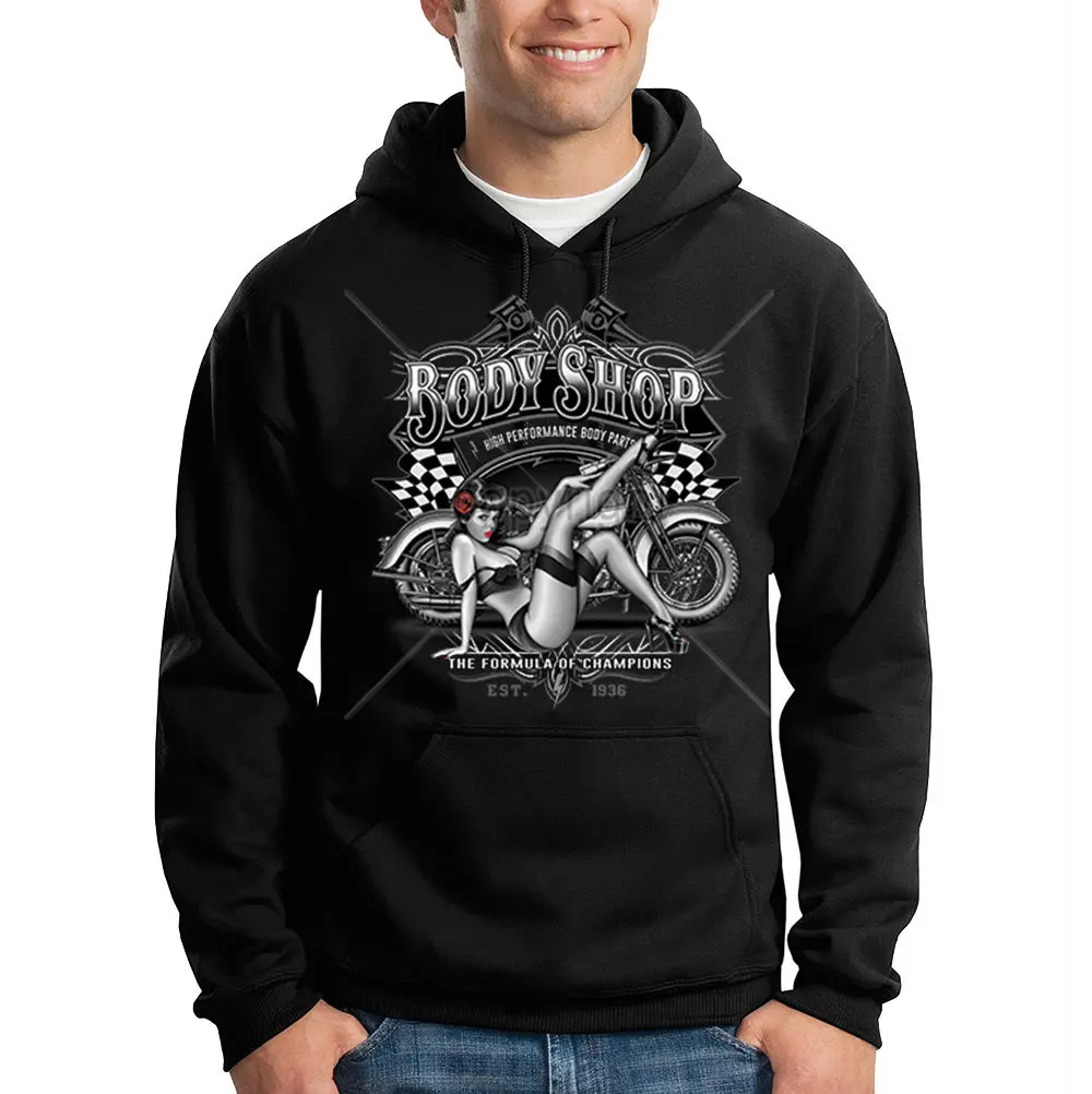 

Body Shop Pin Up Model Biker Motorcycle Racing Chopper Hooded Sweatshirt Hoodie