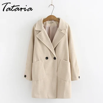 

Tataria Plus Size Wool Blend Coat for Women Winter Long Coats Female Elegant Turn-down Collar Outwear Jacket Women Loose Warm