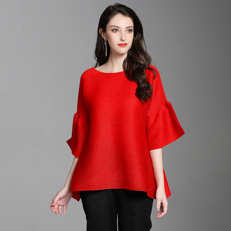gules shirt TVVOVVIN Весенняя летняя новая футболка с круглым вырезом и коротким рукавом плиссированная эластичная Женская модная свободная футболка V477 - Цвет: gules shirt
