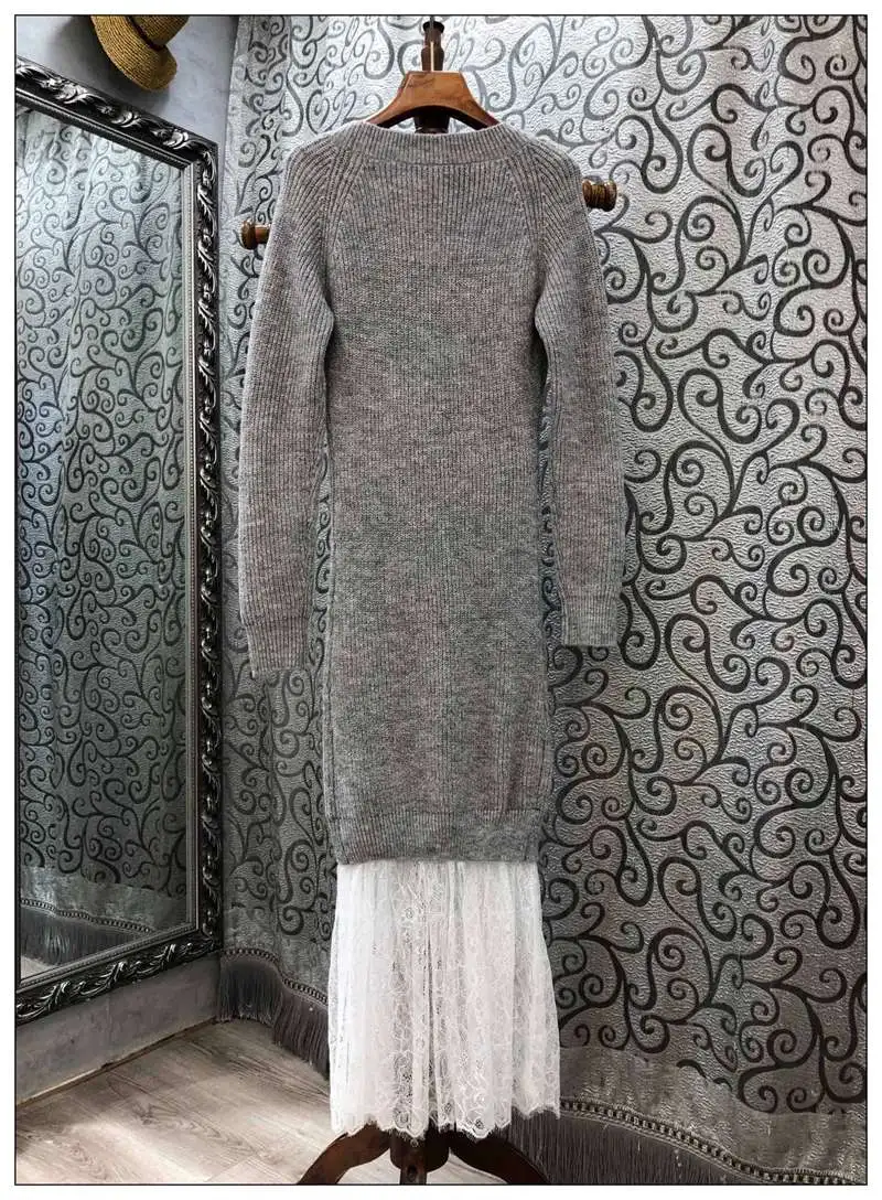 Knitted Dress 2020 Autumn Winter Casual Knitwear Women White Lace Patchwork Long Sleeve Ankle Length Long Sweater Dress Pullover